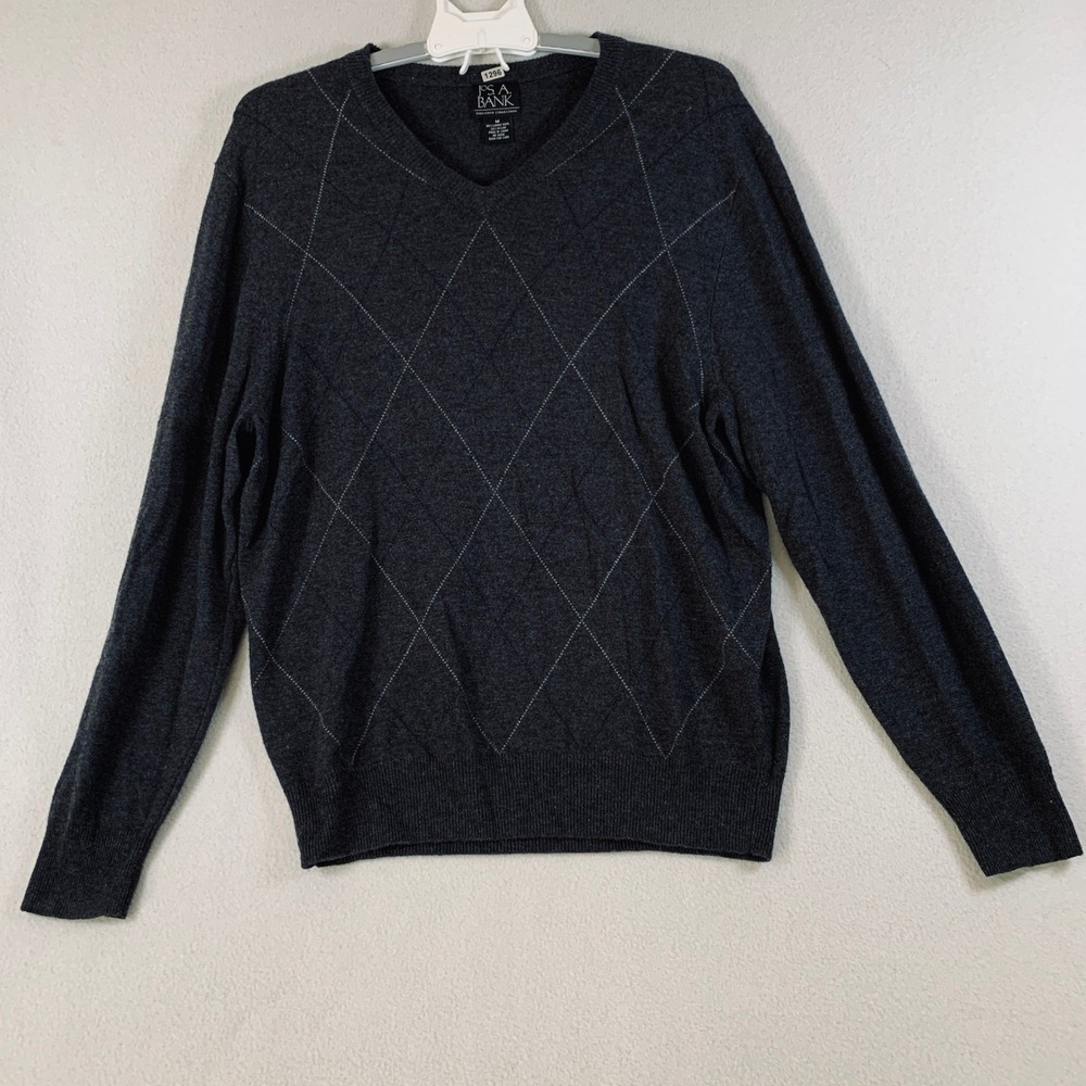 JOS A BANK Executive Collection Men Argyle V-Neck Sweater Lambswool Blend Gray M